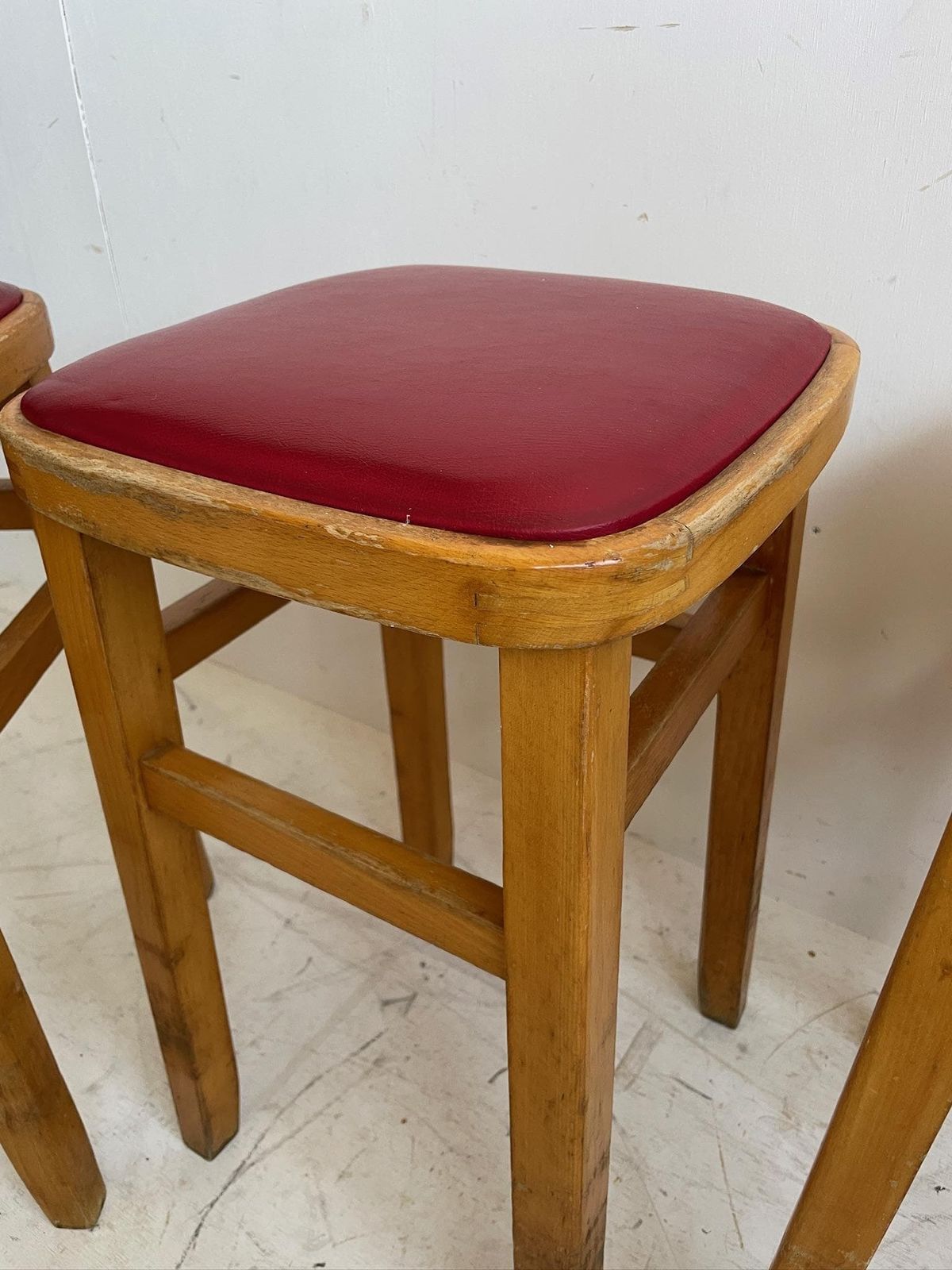 Set Of 3 Romanian Mid Century Wooden Stools With Red Vinyl Seats photo 170.0