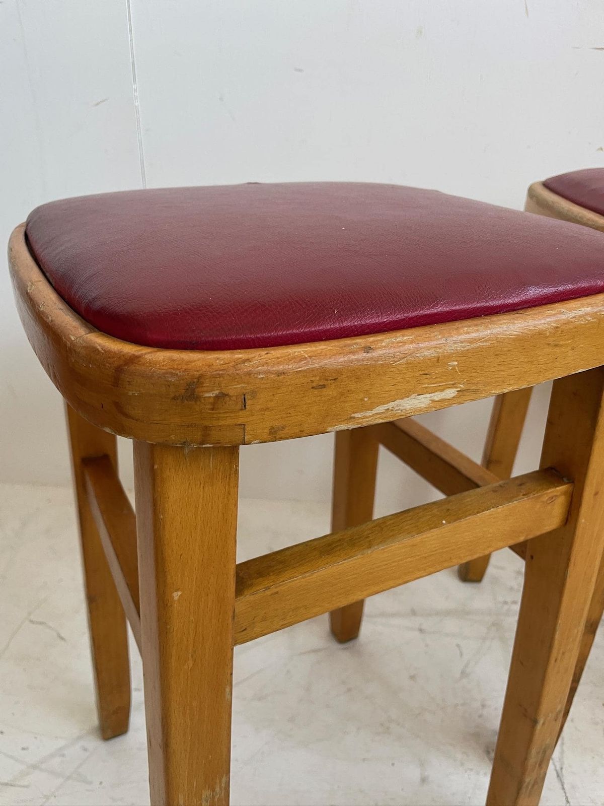 Set Of 3 Romanian Mid Century Wooden Stools With Red Vinyl Seats photo vinterior