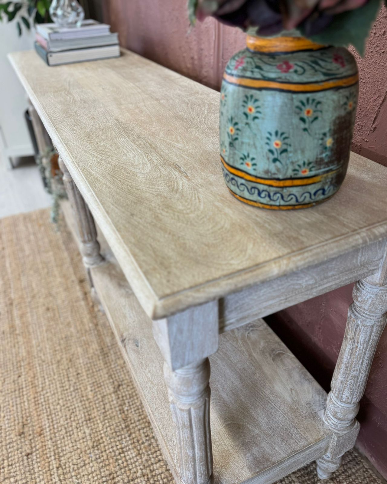 Long Mango Wood Hand Carved Console Table With Shelf – Creamwash Finish photo 525.0