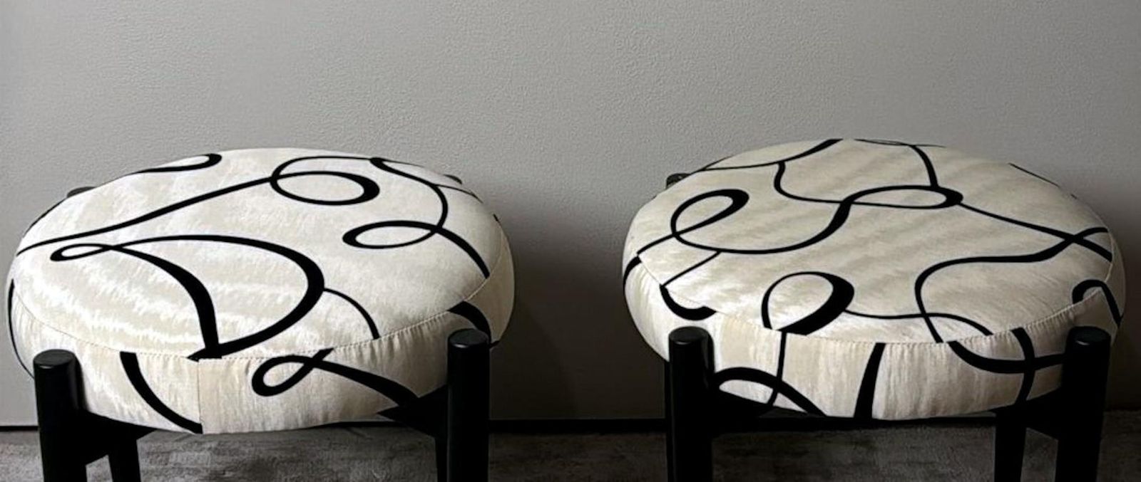 Vintage Pair Of Round Italian Stools In Ebonized Wood And Dedar Fabric photo Furniture