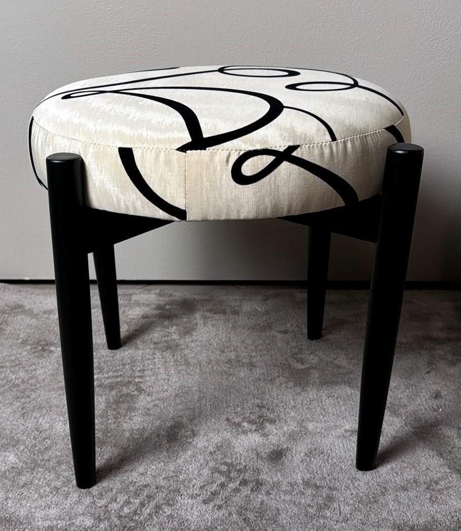 Furniture Vintage Pair Of Round Italian Stools In Ebonized Wood And Dedar Fabric photo