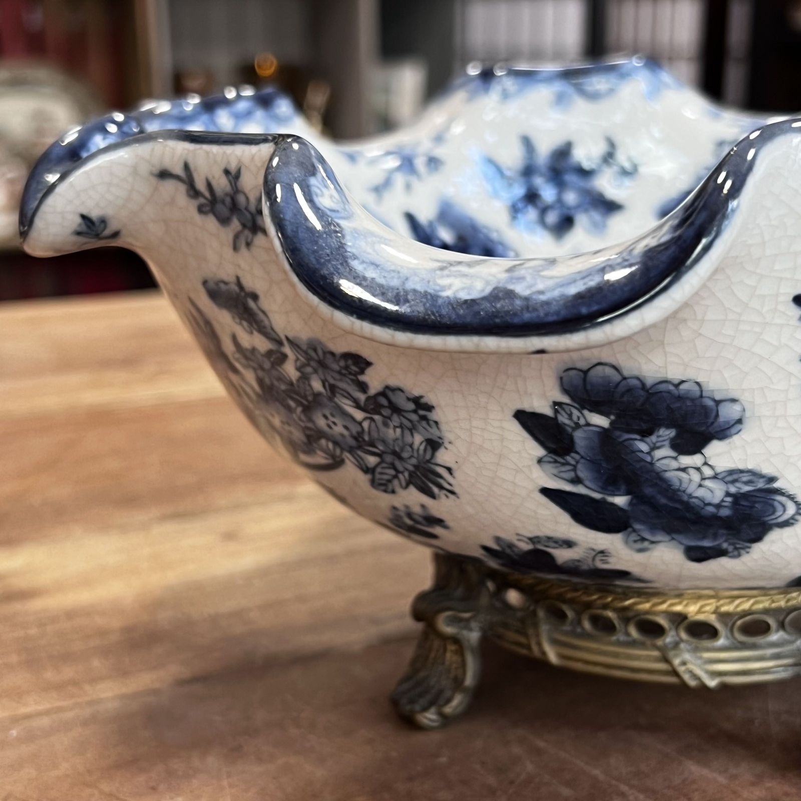 photo for sale Antique 1920s Chinese Porcelain Fruit Bowl With Ruffle Lip & Crackle Glaze