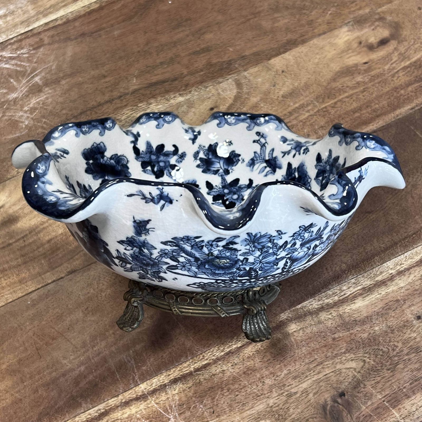 photo buy Antique 1920s Chinese Porcelain Fruit Bowl With Ruffle Lip & Crackle Glaze