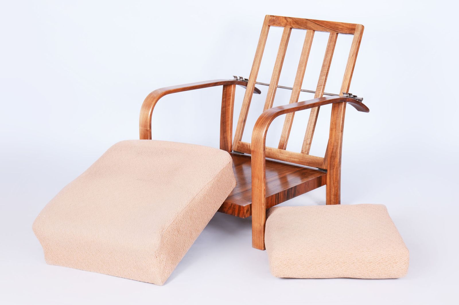 Restored Art Deco Reclining Armchair, Walnut, High Gloss, Czech. 1920s photo vinterior
