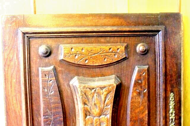 137.0 French Arts & Crafts Antique Oak Carved Cupboard Cabinet Door Wall Panels photo