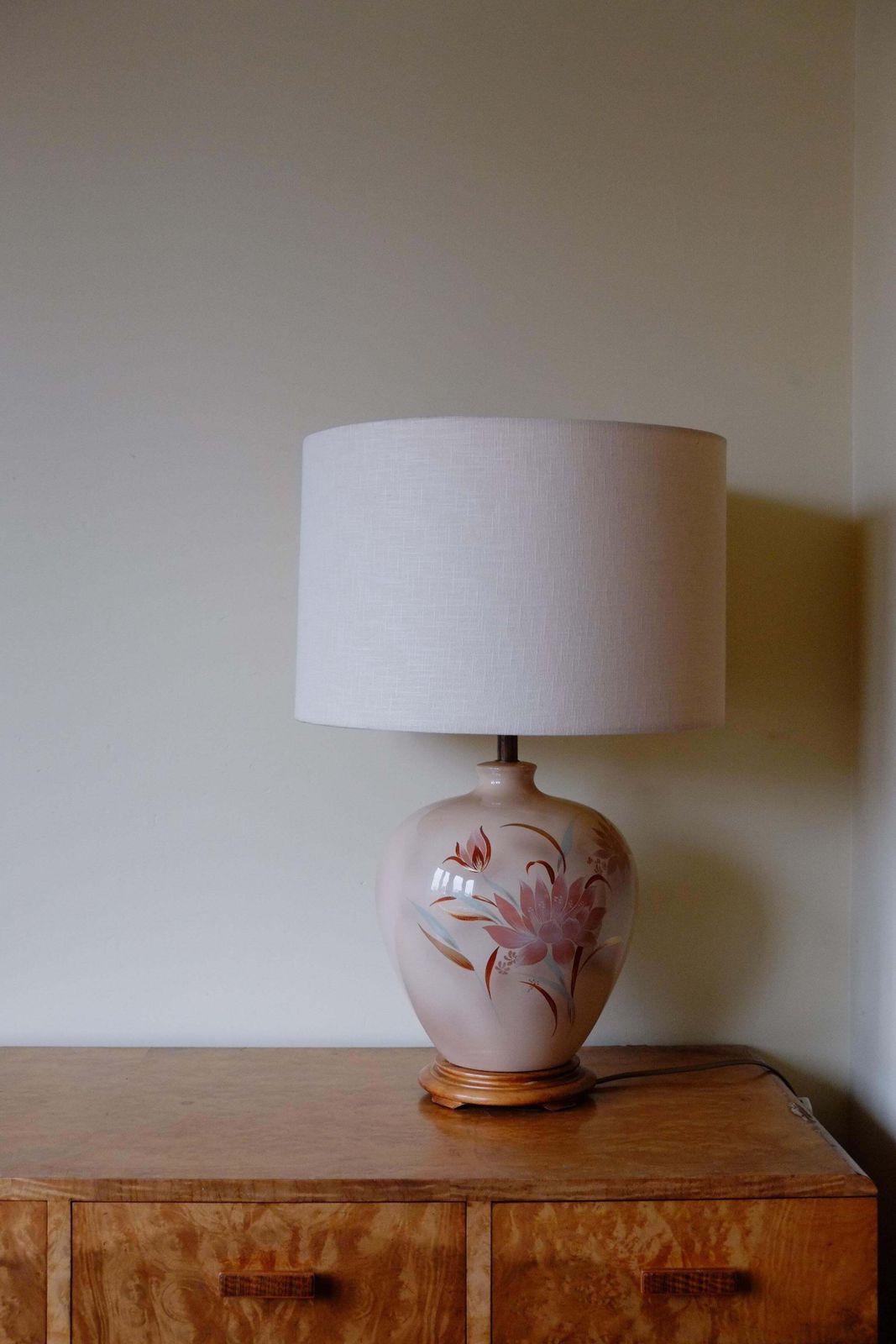 photo for sale Large Pair Of 1980's Floral Pink Ceramic Ginger Jar Lamps