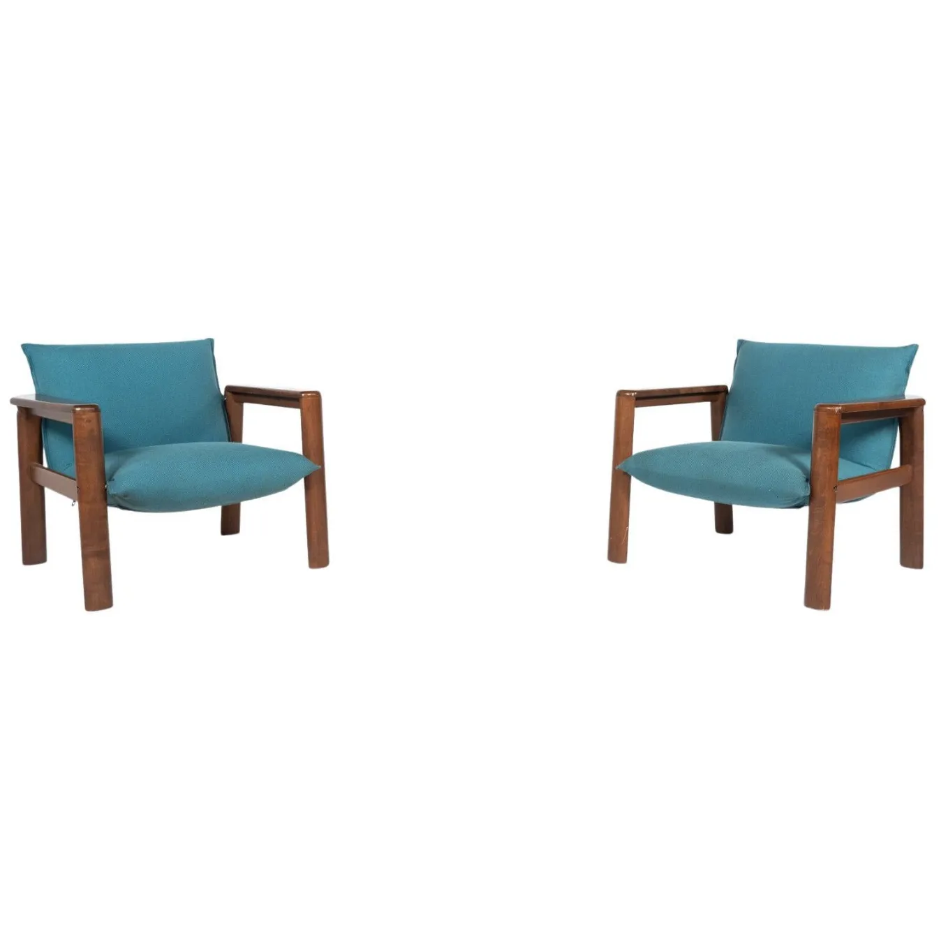 Mid Century Modern Pair Of Armchairs, Blue Fabric And Wood, Italy, 1960s