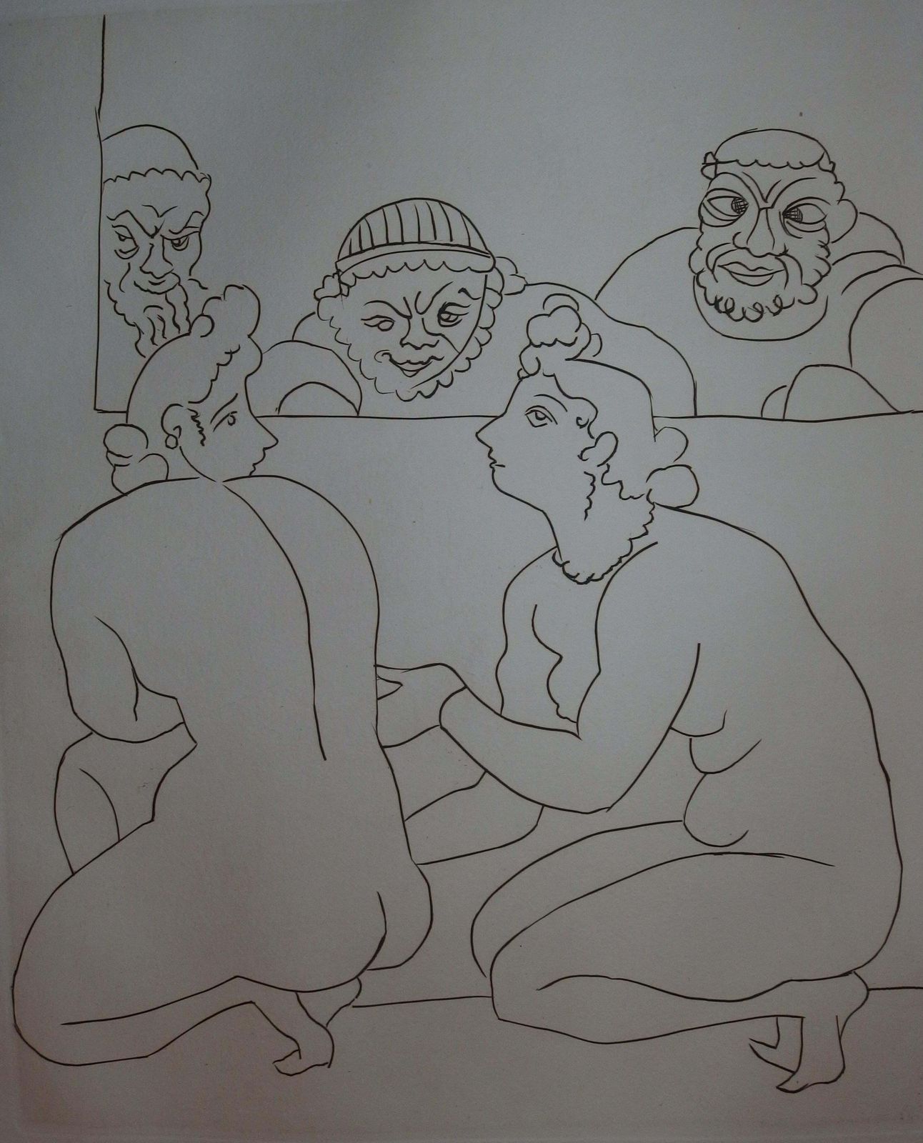 André Deraintwo Nude Women Discussing With Men   Original Etching   19511951 photo for sale