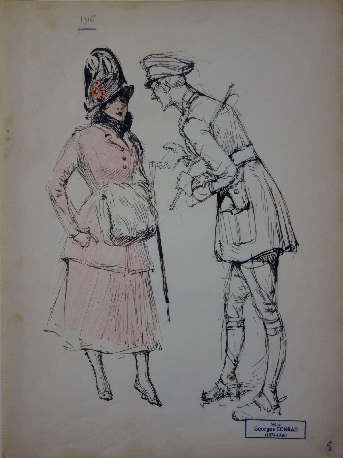 Georges Conradfrench Woman With A Officer   Ink Drawing   1916