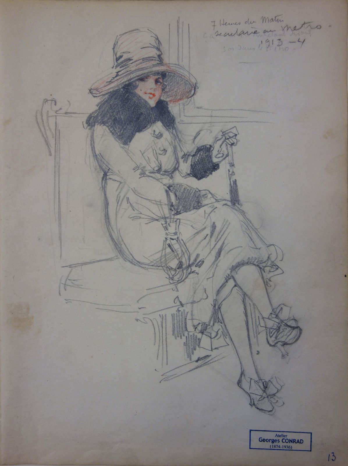 Georges Conradsecretary In The Subway   Pencil Drawing   Circa 1913