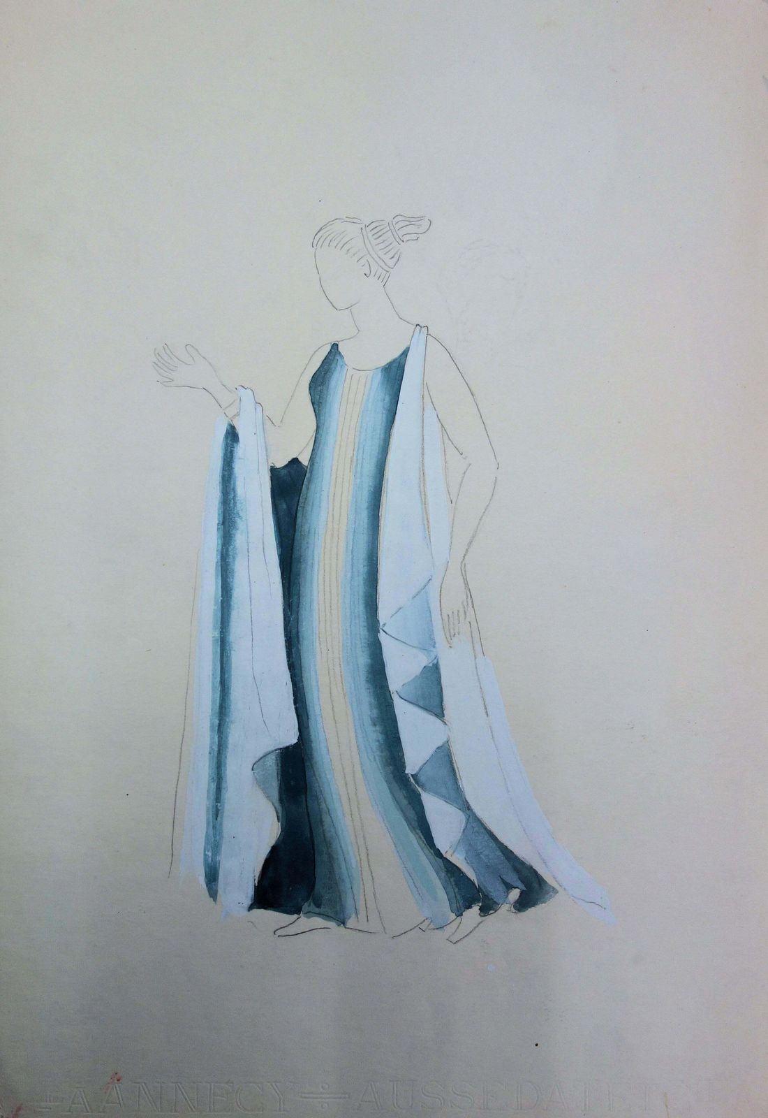 Suzanne Laliquelong Blue Dress : Antique Greek Costume (Antigone)   Original Watercolor Drawing