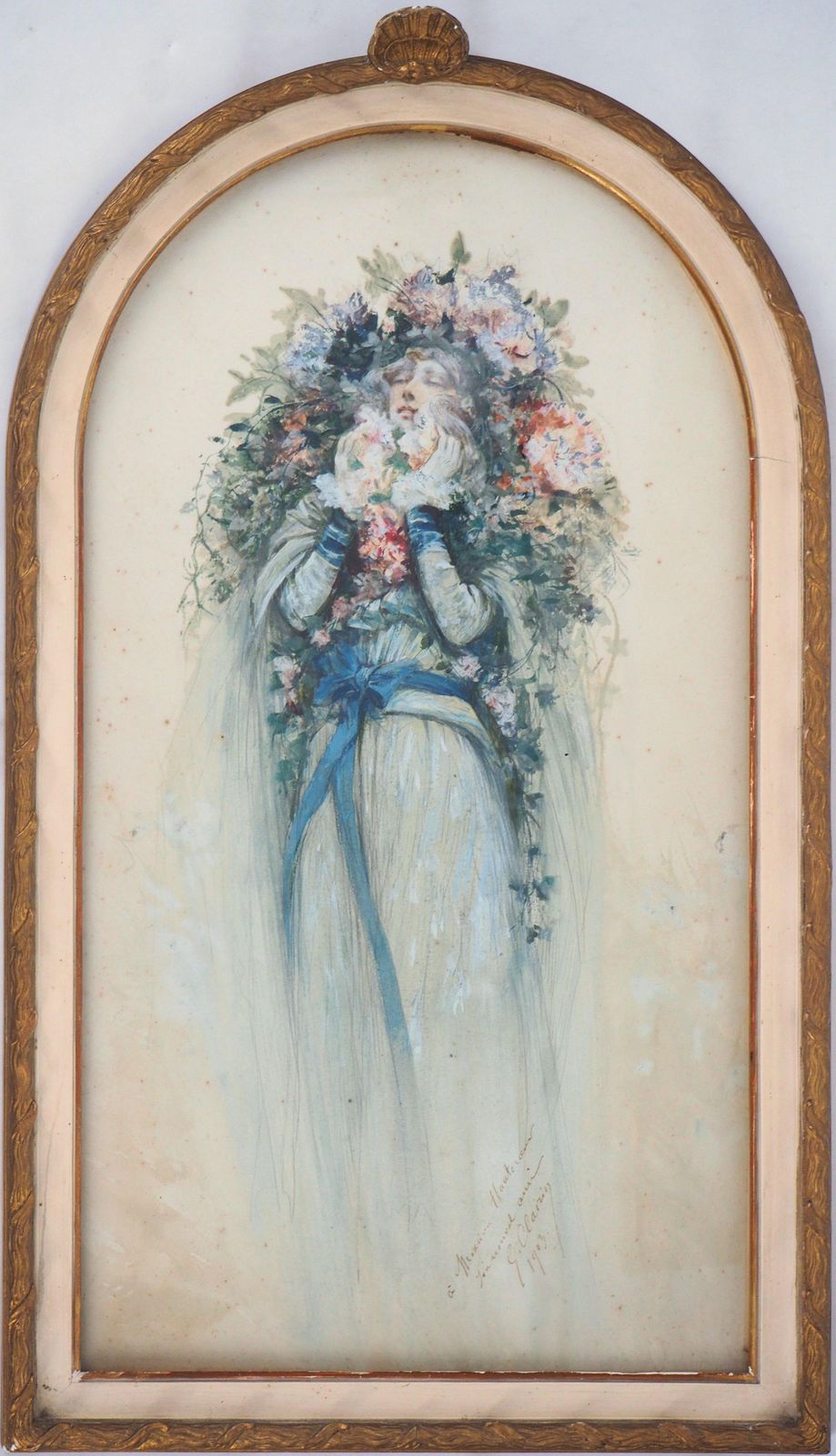 Georges Jules Victor Clairintheater : Sarah Bernhardt With Flowers   Original Watercolor, Handsigned1903