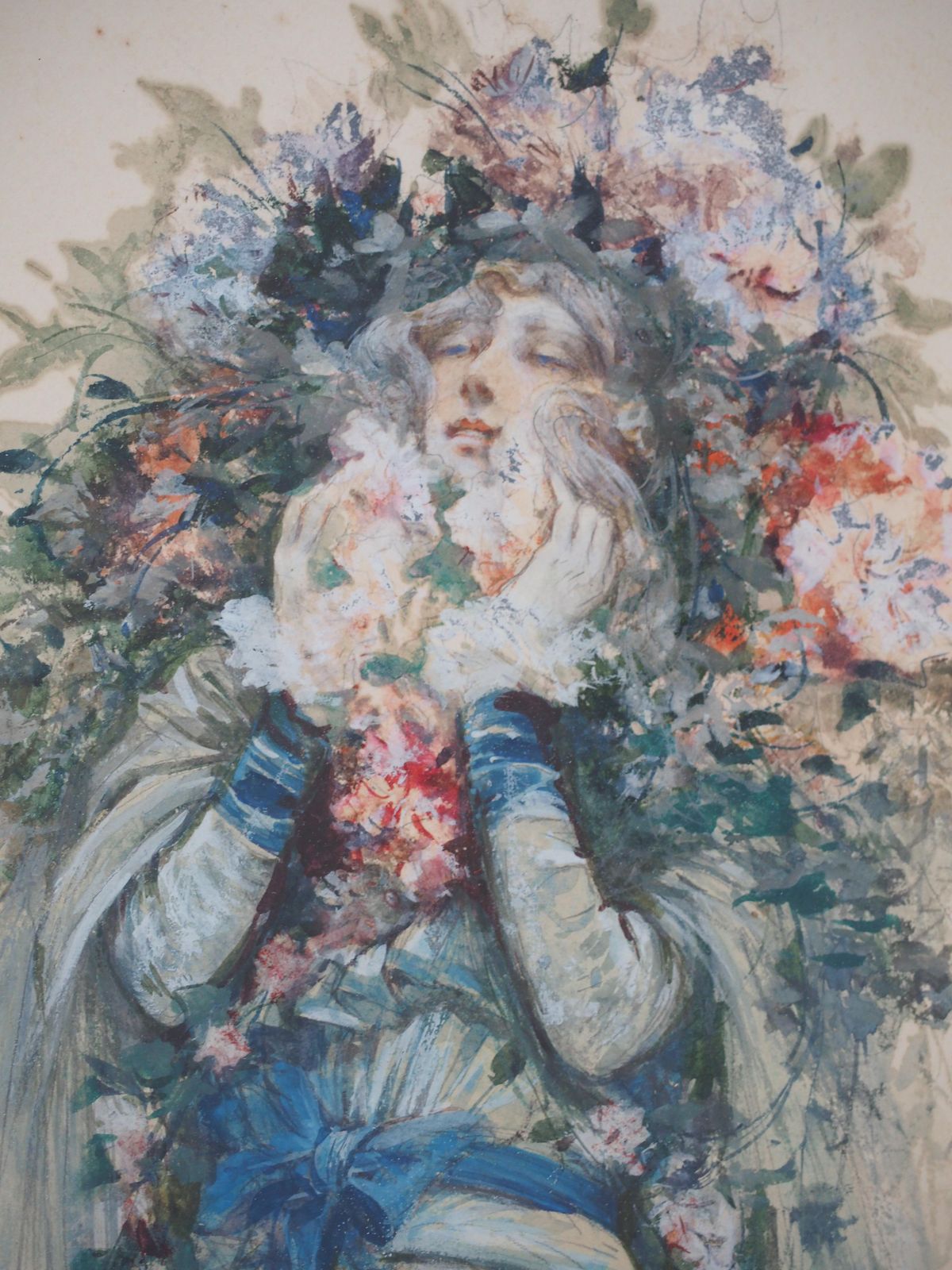 Georges Jules Victor Clairintheater : Sarah Bernhardt With Flowers   Original Watercolor, Handsigned1903 photo 8105.0