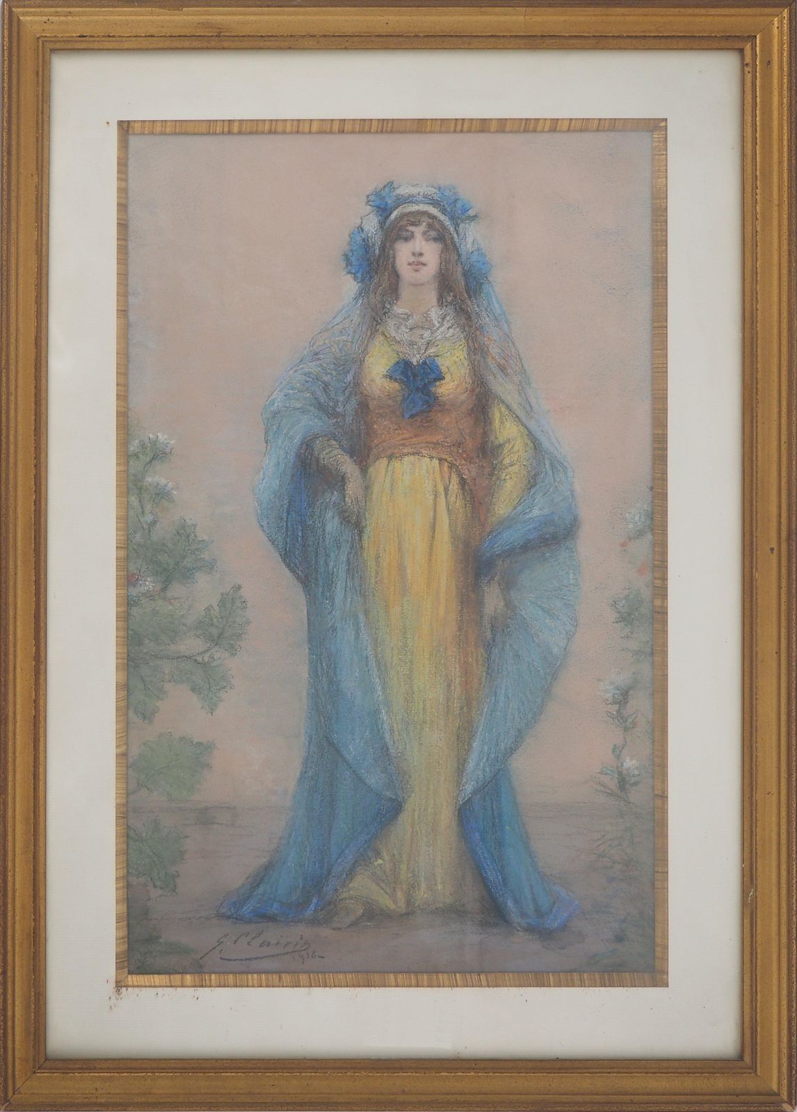 Georges Jules Victor Clairintheater : Sarah Bernhardt In Blue   Original Charcoal Drawing, Handsigned1916