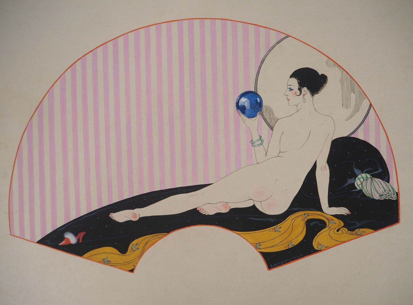 George Barbierart Nouveau : Nude With Crystal Ball   Original Watercolor And Gouache, Signed photo Art