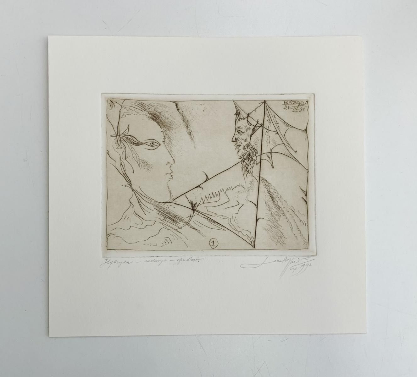 Leszek Rózgaa Hybrid    Figurative Drypoint Print, Monochromatic, Surrealist, Minimalist1991 photo for sale