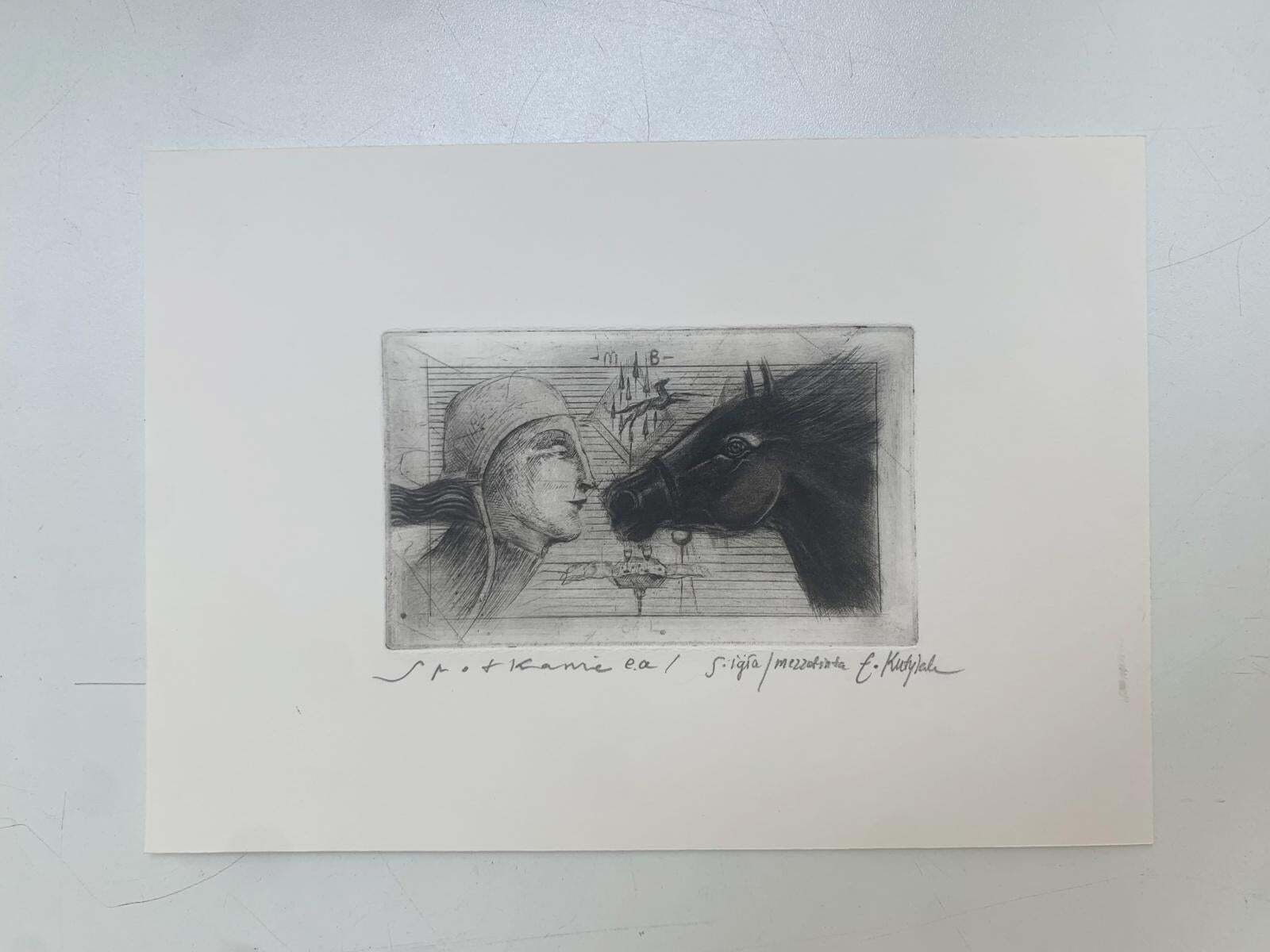 Ewa Kutylaka Meeting. Mezzotint Print, Limited Edition, Black & White, Polish Artist 2011 photo furniture
