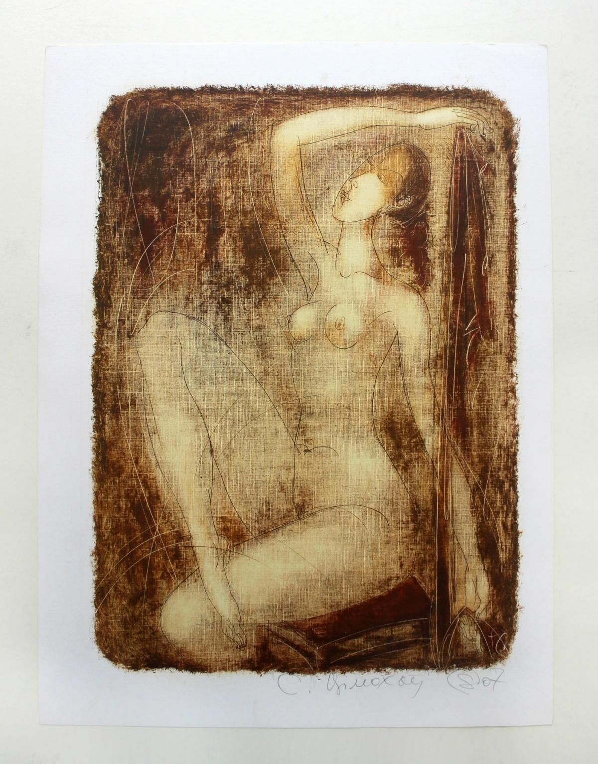 Siergiej Timochownude With Raised Hand   Xxi Century, Figurative Monotype Print, Monochromatic2007 photo 597.0