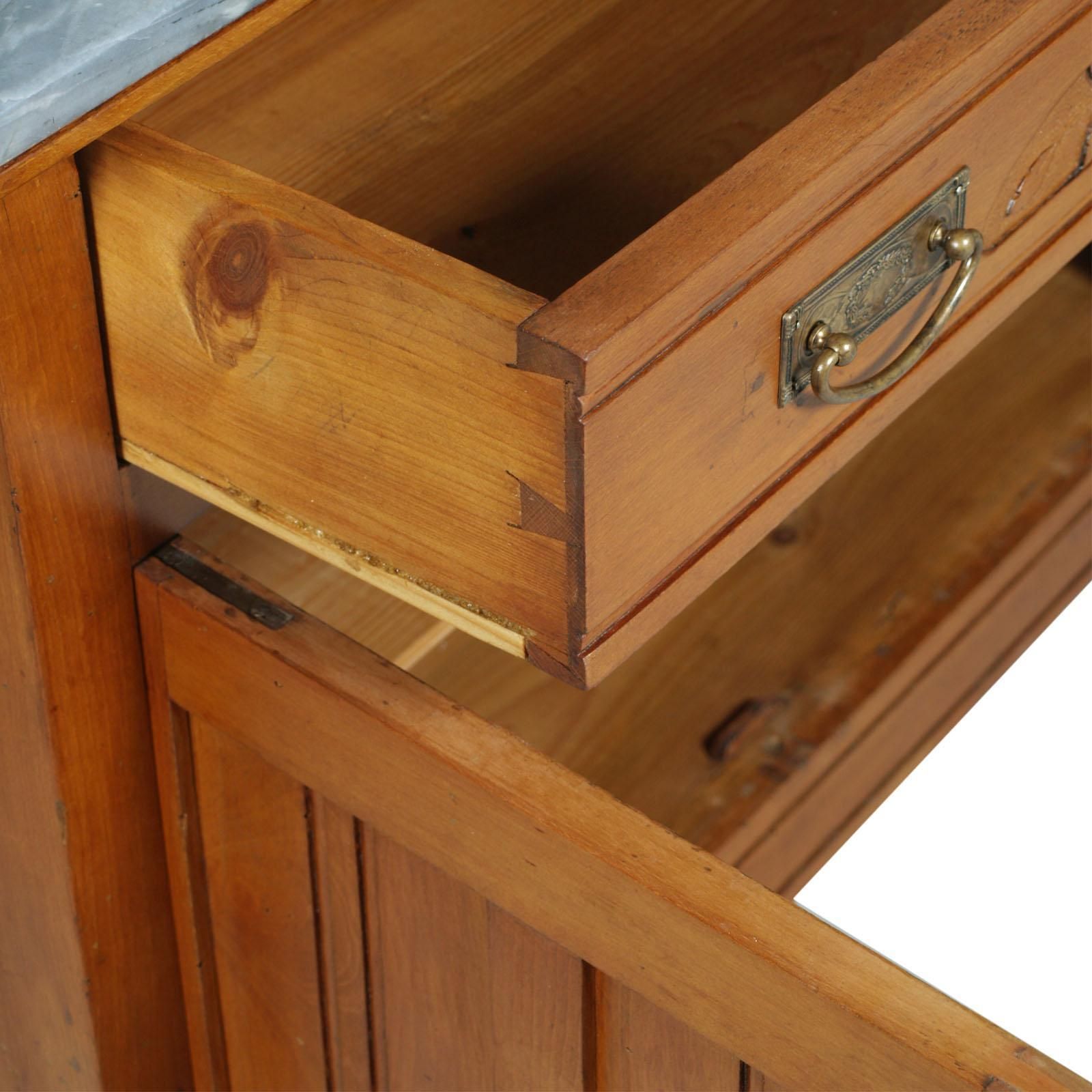 photo for sale Art Nouveau Vanity Cabinet, Carved Cherrywood, Bevelled Mirror, Gray Marble Top