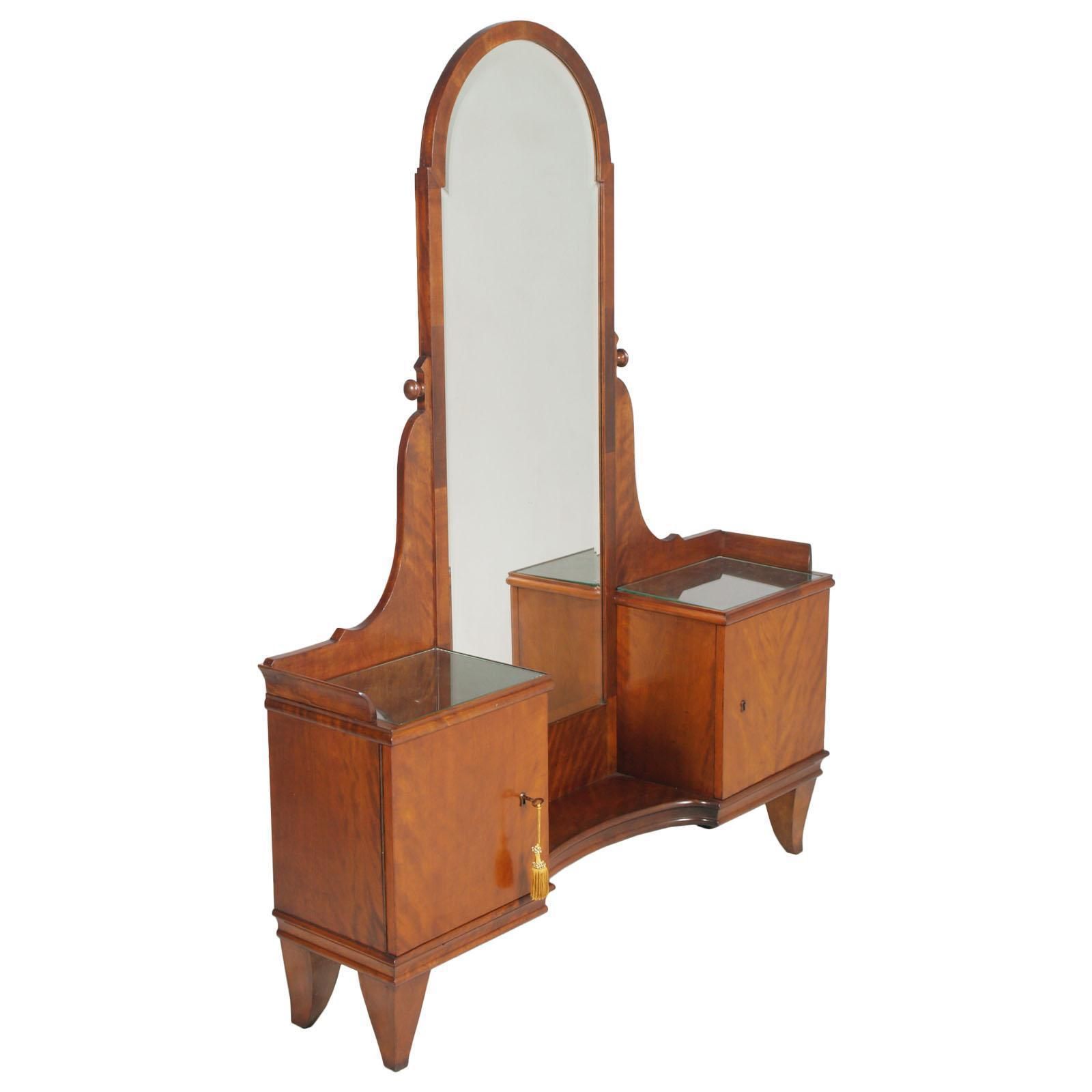 Italian 1920s Art Deco Vanity Cabinet Console With Mirror In Walnut, Glass Tops photo furniture