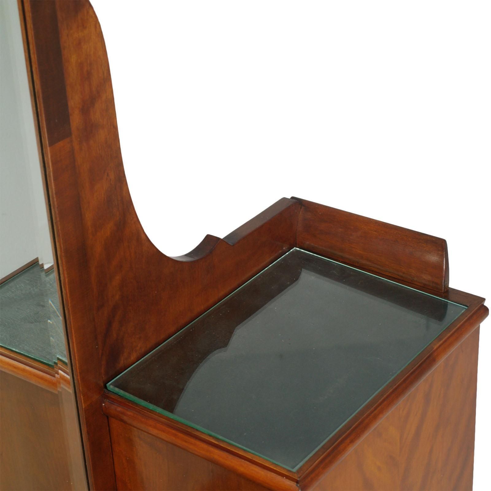 Italian 1920s Art Deco Vanity Cabinet Console With Mirror In Walnut, Glass Tops photo 5183.2