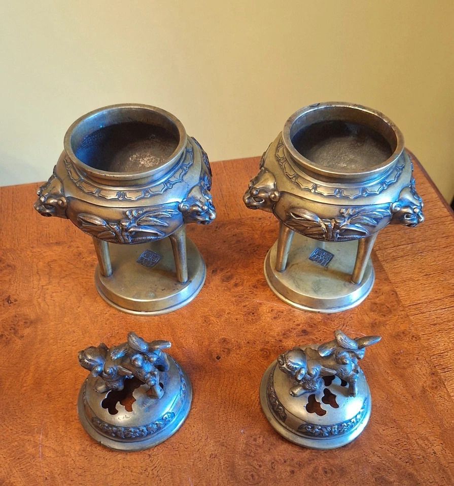 photo for sale Antique Pair Chinese Bronze Incense Burners Tri Stem & Foliage Foo Dog Heads