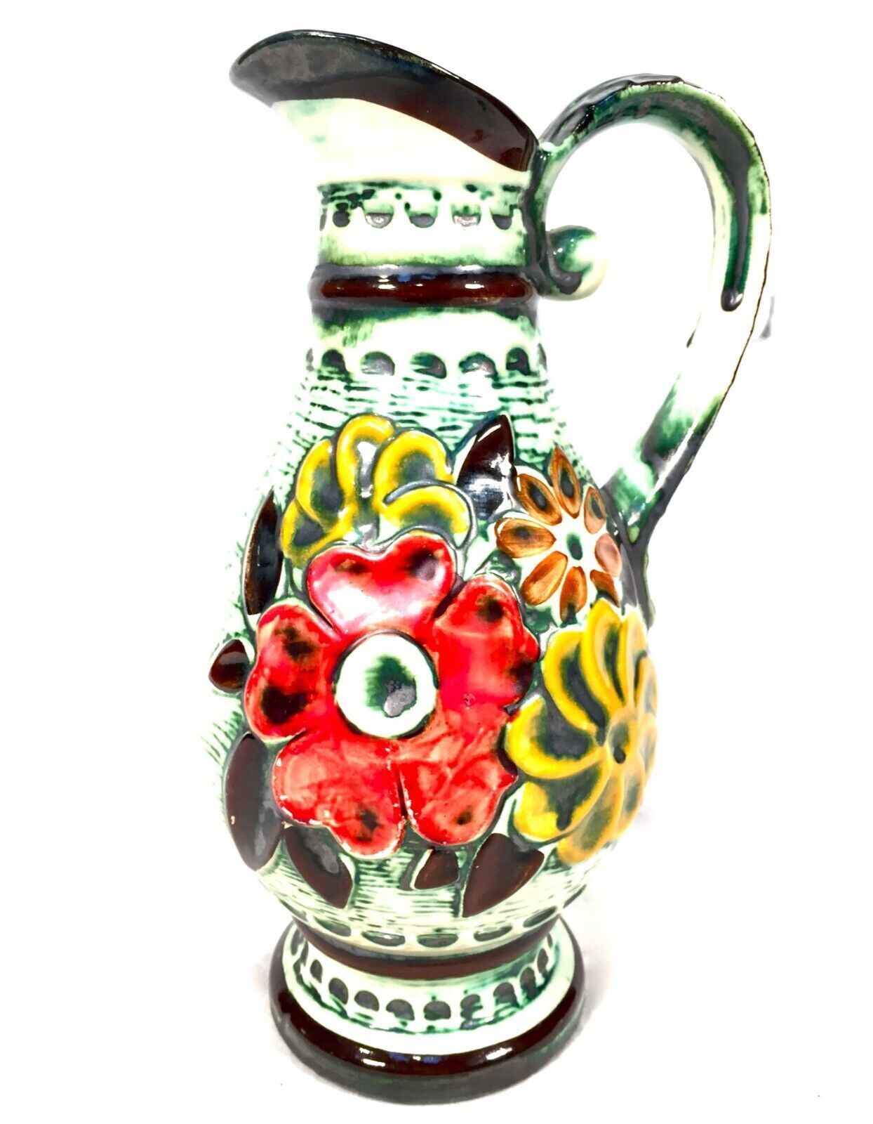 Vintage West German Pottery Bay Vase Moulded Flowers Red / Yellow / Retro 1970s photo for sale
