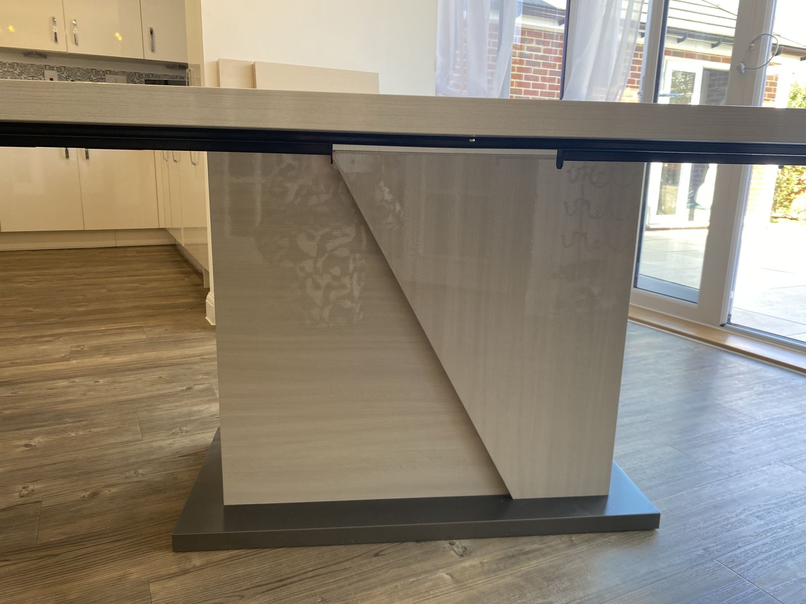 Alf Italian Dining Table In Cream Lacquered Finish, Grey Detail. Seats 8 12 People Once Extended.