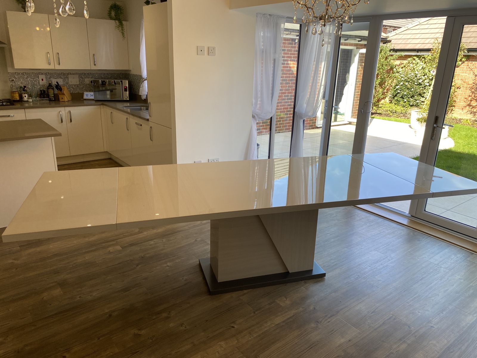 Alf Italian Dining Table In Cream Lacquered Finish, Grey Detail. Seats 8 12 People Once Extended. photo for sale
