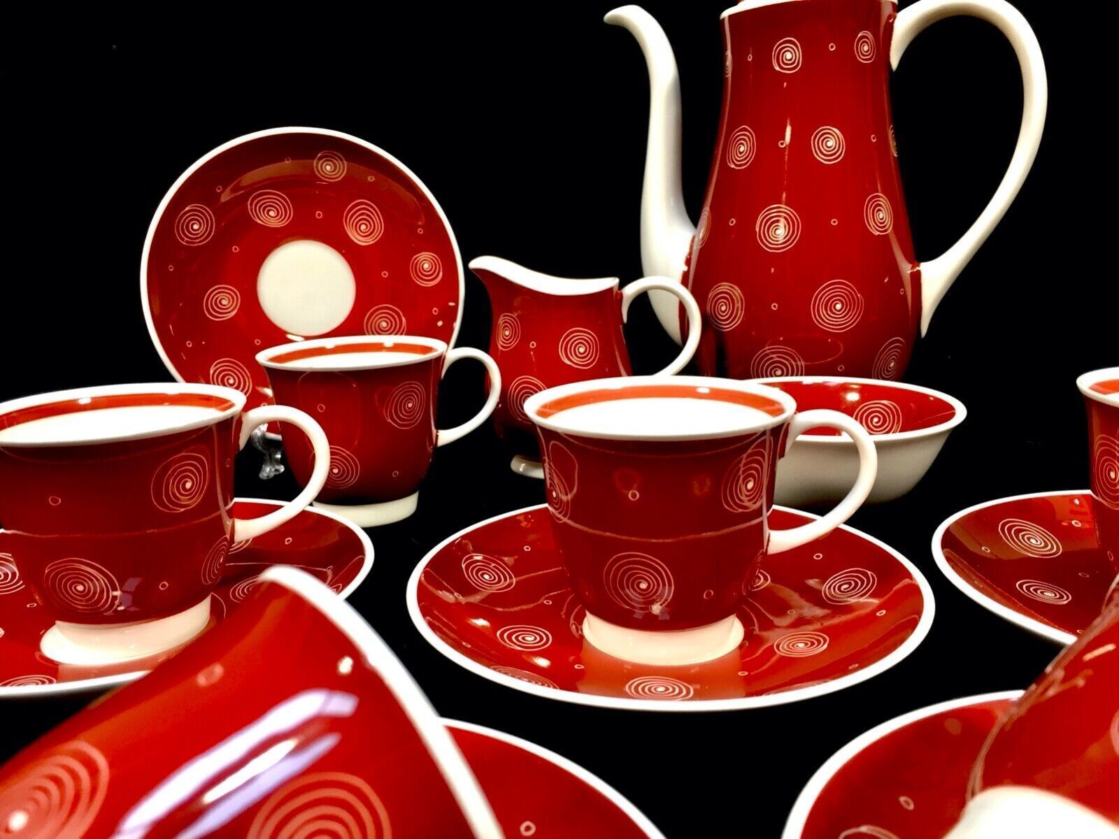 Vintage Susie Cooper Coffee Set For 6 People / Red & White Swirls / Antique photo for sale
