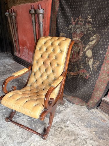 English Mustard Hide Chesterfield Gentleman's Club Reading Slipper Armchair photo for sale