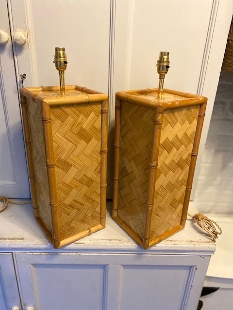 Pair Of Mid Century Coastal Square Parquet Rattan Table Lamps, American, 1970s photo furniture