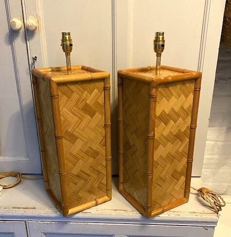 Pair Of Mid Century Coastal Square Parquet Rattan Table Lamps, American, 1970s photo buy
