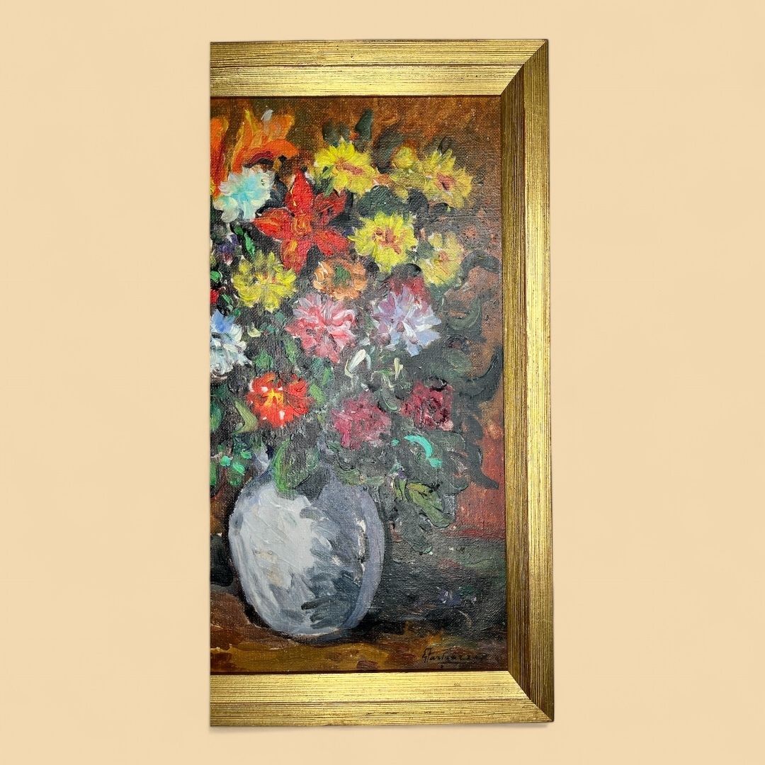 Flowers In Orange, Swedish Oil On Canvas Still Life Painting photo furniture