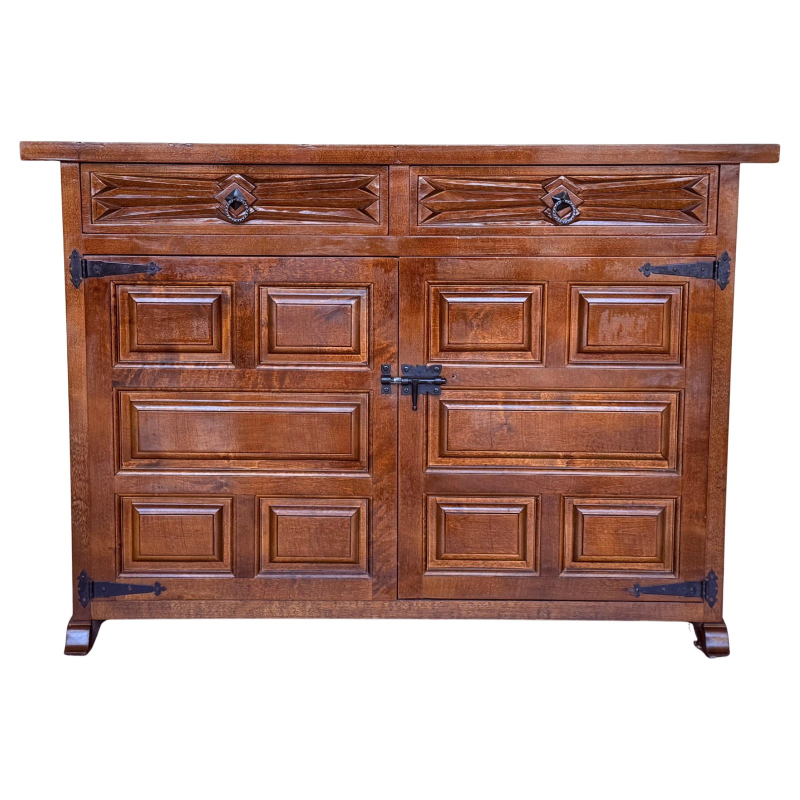 19th Spanish Baroque Carved Walnut Tuscan Three Drawers Credenza Or Buffet