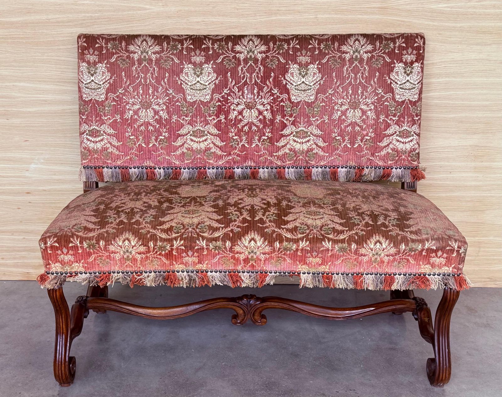 Spanish Damask Velvet Bench With Back And Walnut Carved Legs photo furniture