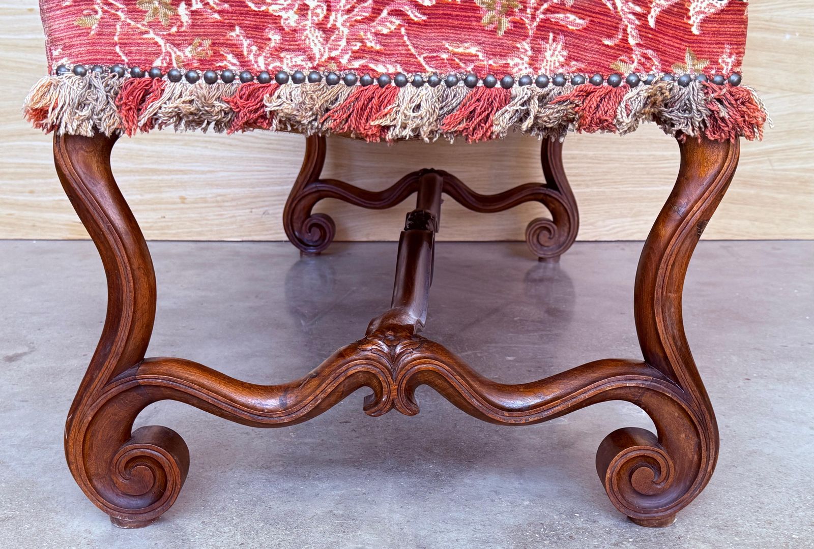 Furniture Spanish Damask Velvet Bench With Back And Walnut Carved Legs photo