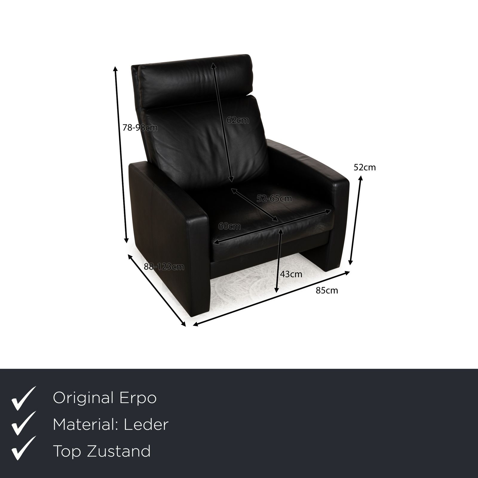 Fauteuil Erpo Just Relax en cuir noir, fonction manuelle photo furniture