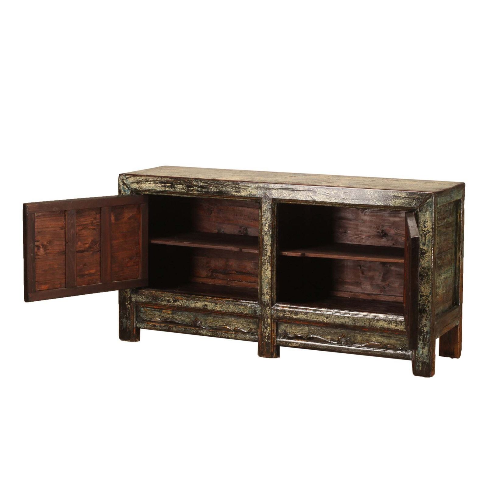 Vintage Chinese Crackle Blue Sideboard With Floral Painting 04 photo Furniture