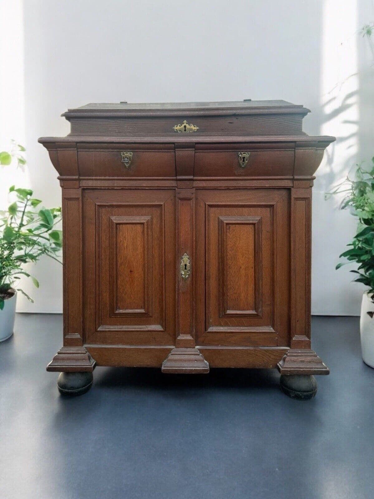 Antique Dutch Renaissance Oak Cushion Cabinet Bureau Cupboard