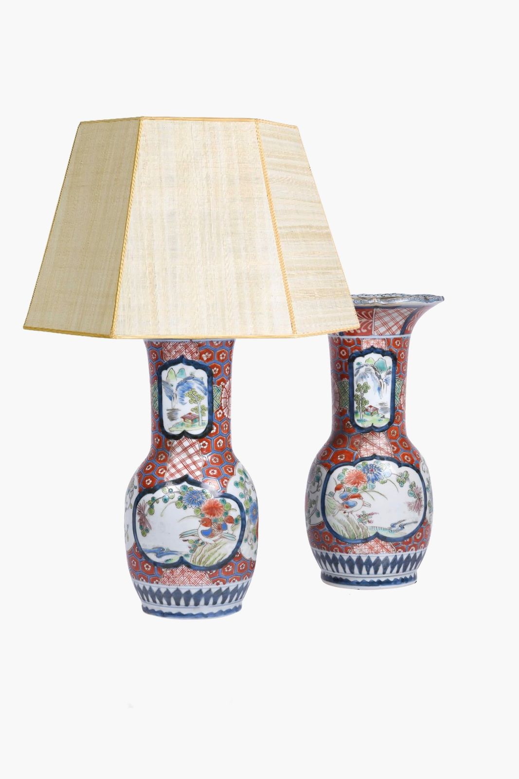 Pair Of Antique Japanese Arita Imari Porcelain Vase Lamps photo Lighting
