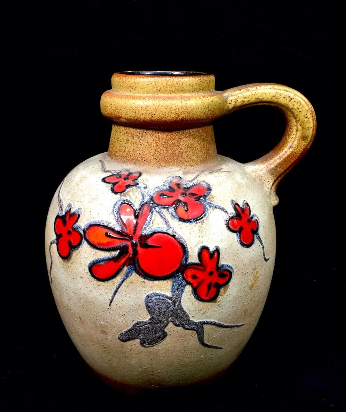 Vintage Large West German Pottery Vase / Jug / Red Flowers / Black Retro 1970's photo for sale