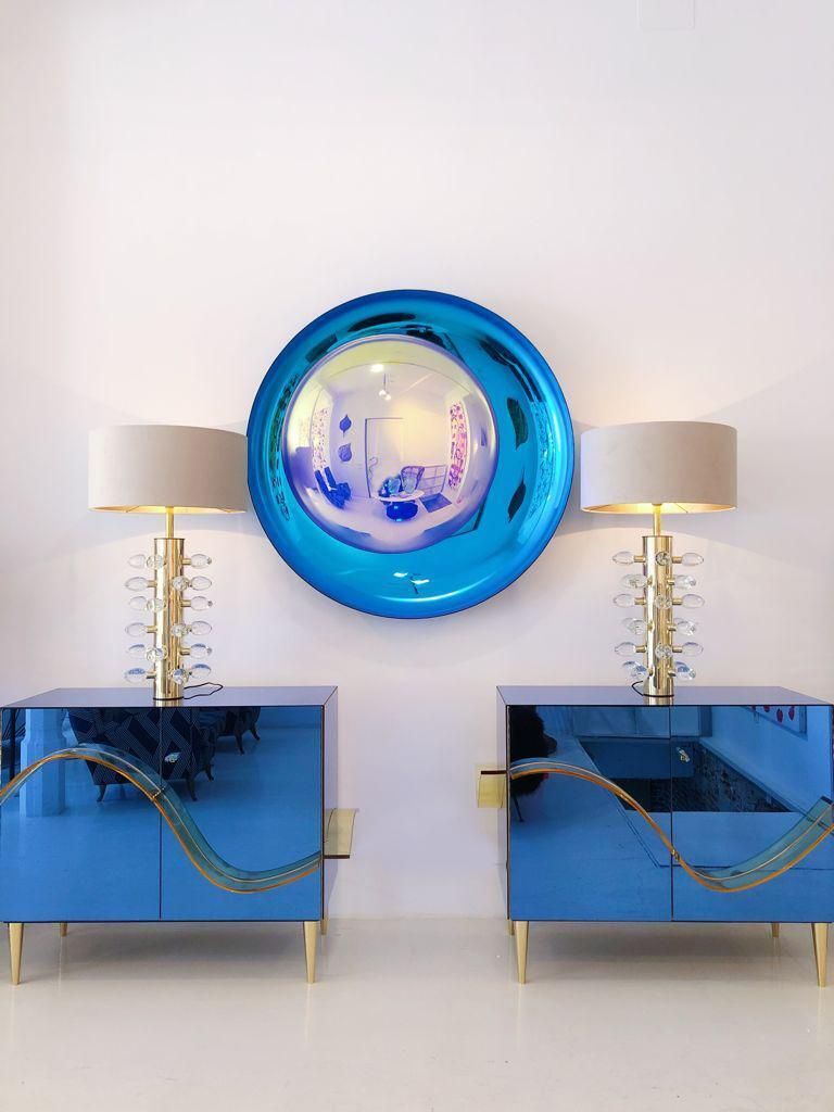 photo furniture Modern Sculptural Concave Yellow And Blue Handmade Glass French Mirror