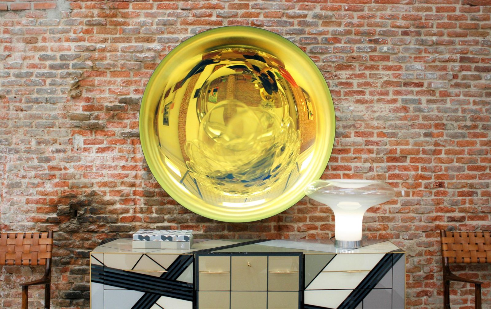 Art Modern Sculptural Concave Yellow Glass French Mirror photo