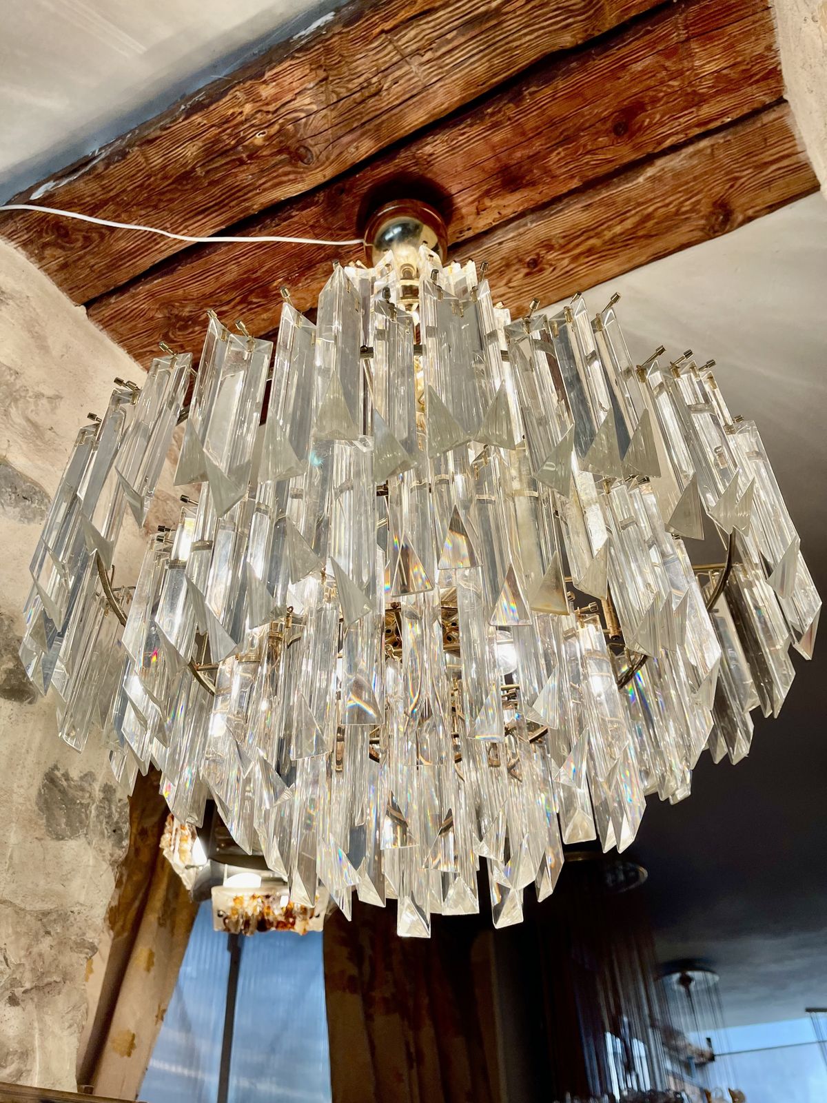 Venini Crystal Chandelier  Oversized  Gilt Gold Structure, Italie 1980s photo vinterior