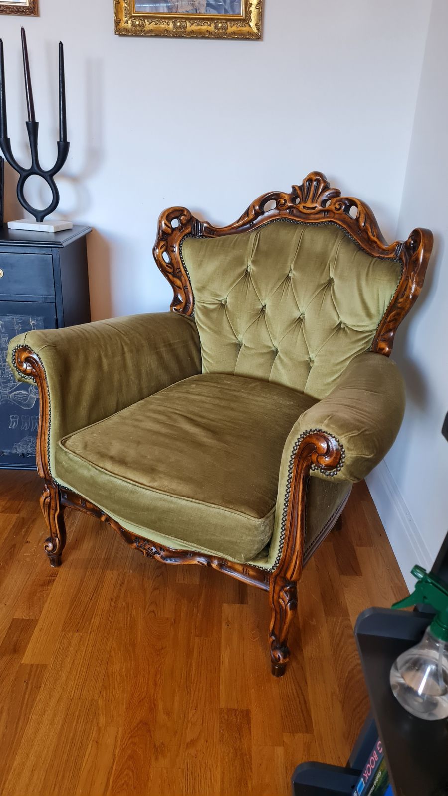 Green Velvet Armchair, Mid 20th Century