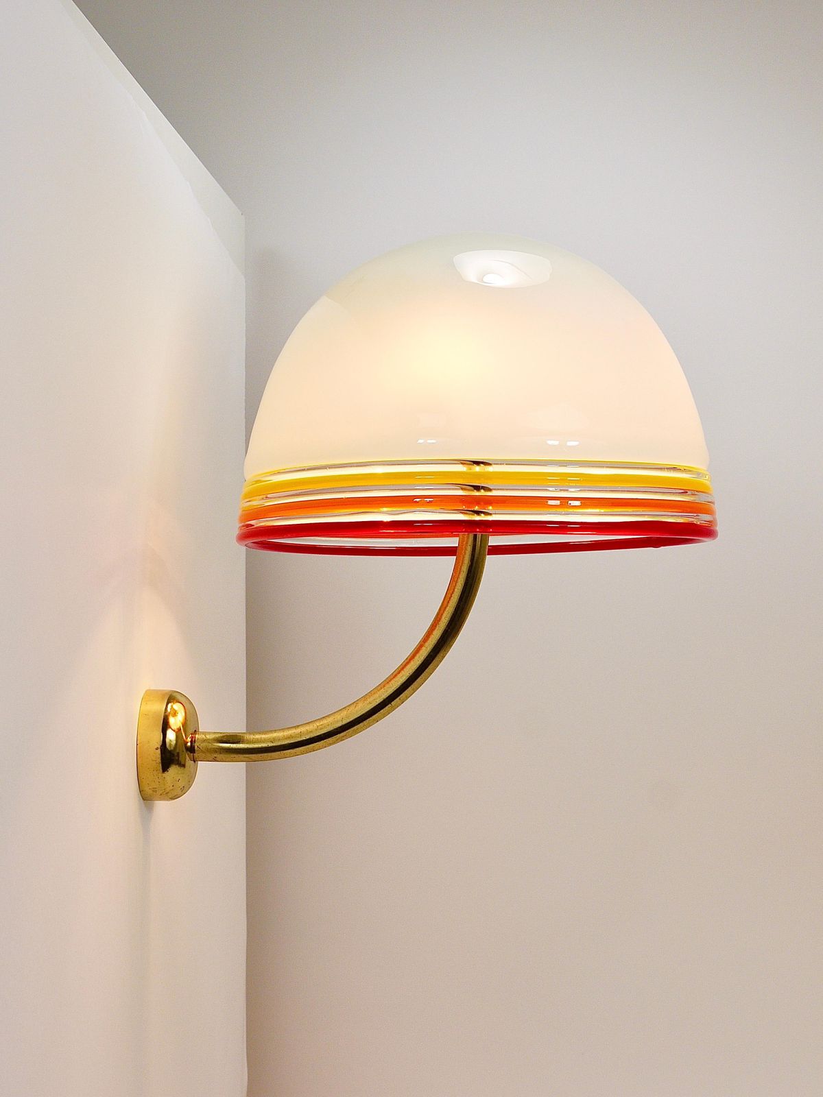 photo for sale Roberto Pamio Febo Wall Lamps Sconces, Brass, Murano Glass, Leucos, Italy, 1970s