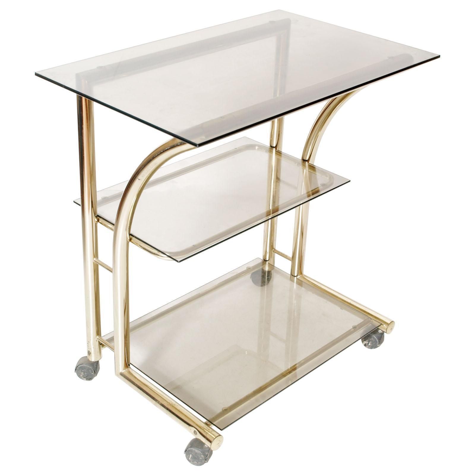 1970s Bar Cart, Occasional Table, Console, In Gilt Brass With 3 Cristal Shelves