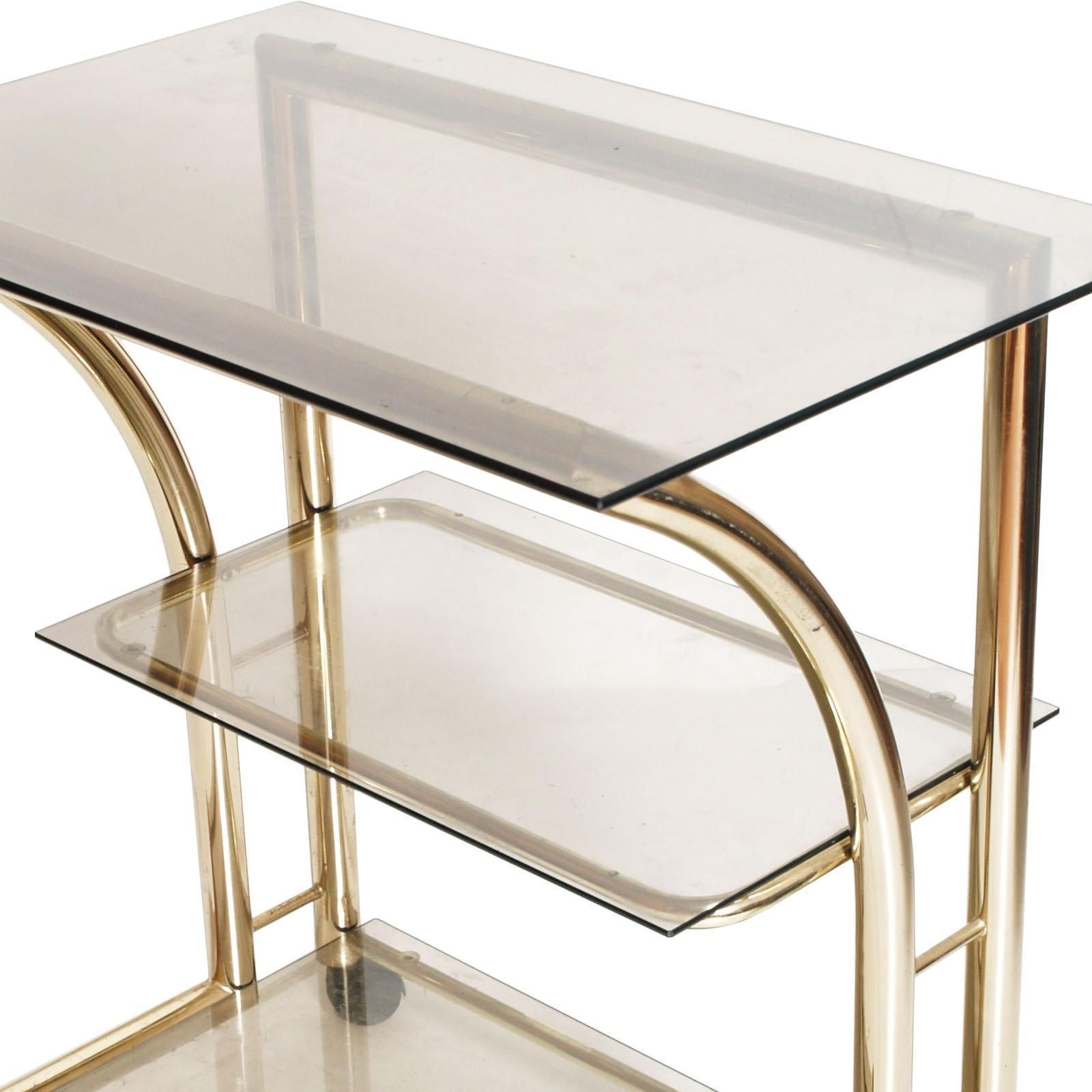 1970s Bar Cart, Occasional Table, Console, In Gilt Brass With 3 Cristal Shelves photo furniture