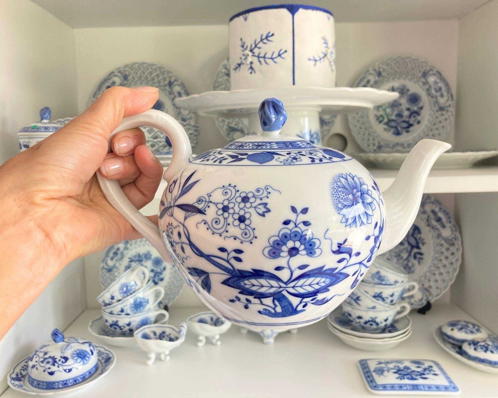 Blauw Uien Theeservies | 15 Delig | Blauw Wit Porselein | Hutschenreuther photo vintage